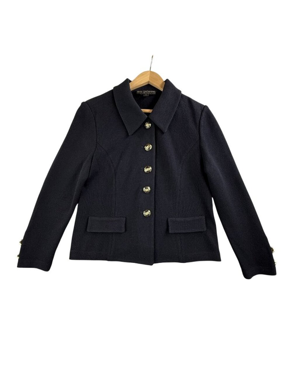 St. John Basics Blazer Jacket Womens 2 Black Knit Gold Button Career Made USA